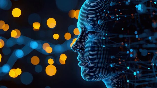 Digital human face of blue data points and neural network connections forming glowing profile
