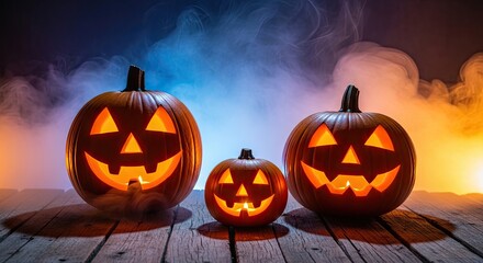 Three carved pumpkins glowing in a mystical twilight