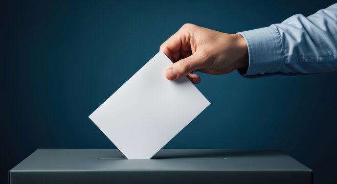 Professional hand deposits white ballot into dark gray box, symbolizing democratic election and public participation in civic duty
