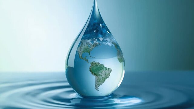 Water droplet globe reflection earth reflected in crystal drop evoking environment and clean water
