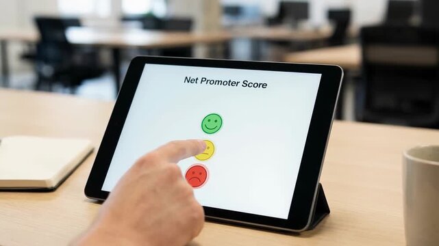 Tablet hand selecting net promoter score feedback for market survey and research in modern office setting with positive neutral options