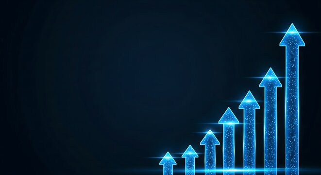 Digital blue arrows rising upward showing business growth and data analytics success, financial performance improvement, technology driven progress, futuristic economic trend background