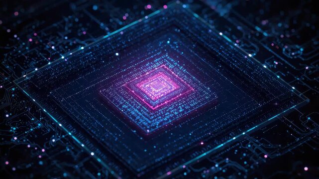 Glowing central microchip with neon circuitry and futuristic data light. neon glowing microchip