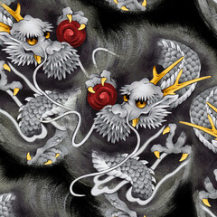 Seamless pattern made up of hand-drawn dragons, © daicokuebisu