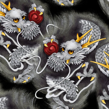 Seamless pattern made up of hand-drawn dragons,