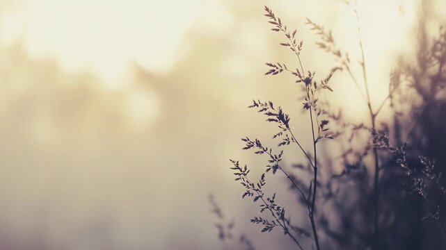 Delicate grass stems are silhouetted against a soft, warm bokeh background, capturing the peaceful essence of a natural landscape during sunrise or sunset