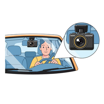 Driver with dashcam installed inside car for recording journeys and ensuring safety