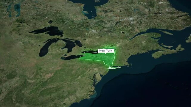 Satellite new york map animation zooming in on highlighted green state