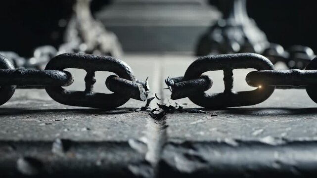 Broken metal chain with a bright spark. Symbol of freedom and liberation. Overcoming obstacles and breaking free concept