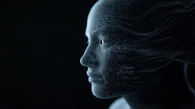Digital artificial intelligence profile face composed of flowing data lines and code for futuristic