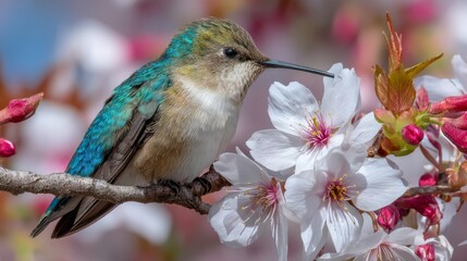 Obraz premium A vibrant hummingbird perched on blooming cherry blossoms. The delicate flowers create a stunning background for this lively bird. Perfect for nature lovers or artistic projects. AI