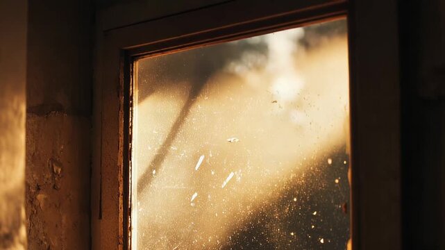 Golden sunlight entering through a dusty, scratched window pane, illuminating dust motes in the air and on the glass, creating a warm, atmospheric light
