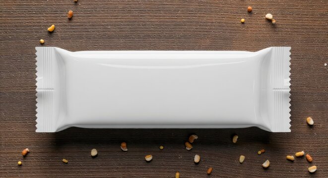 White candy bar wrapper on wooden table with scattered nuts around it