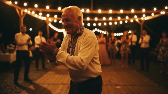 An elderly man joyfully dancing under warm string lights at an outdoor evening celebration, capturing happiness, movement, and vibrant community spirit.