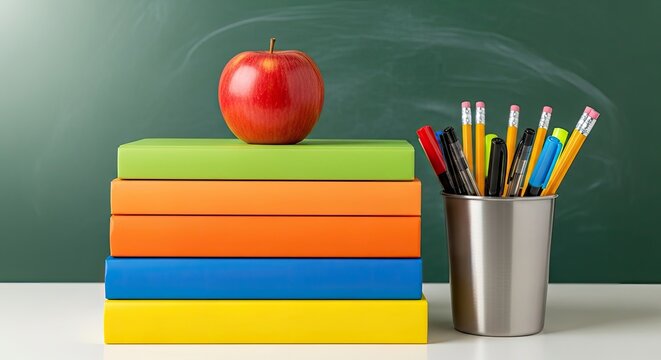 Vibrant stack of books with apple and pencils on a chalkboard background