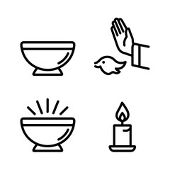 Minimal line icons of Christian baptism symbols, bowl, priest blessing hand, water, Holy Spirit light
