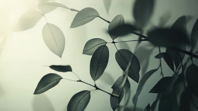 Gentle green leaves developing on a branch, illuminated by soft light, creating a serene and peaceful natural background with blurry foreground elements
