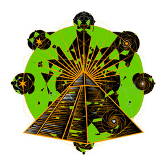 Vector art of abstract geometric sacred geometry symbol with a pyramid and a green circle, representing spiritual enlightenment and cosmic energy