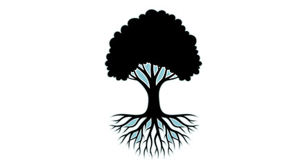 Vector art of stylized silhouette of a black tree with visible roots, isolated on a, representing growth, nature, and connection