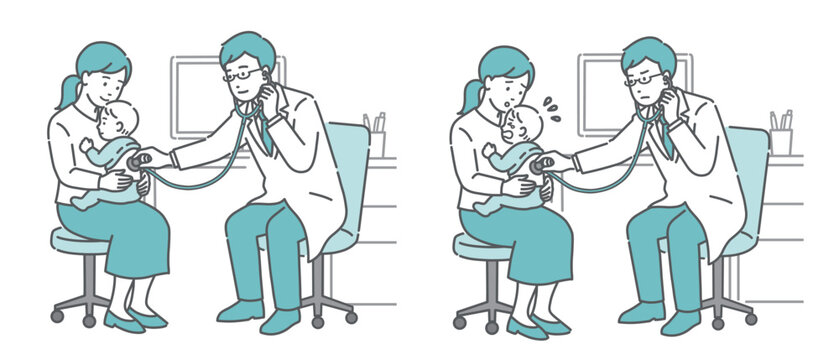 白衣を着用した男性医師による赤ちゃんの背中の聴診イラストセット（正常・異常/体調不良）