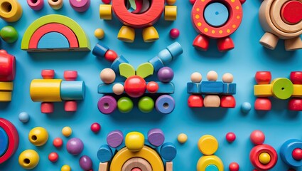 Obraz premium Colorful wooden toys on a blue background — symbol of childhood, development and creative play, AI-generated