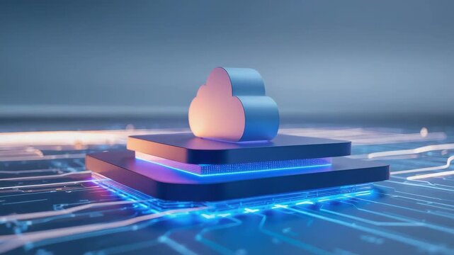 Cloud storage platform icon illuminated circuit board glowing circuitry layered microchip server