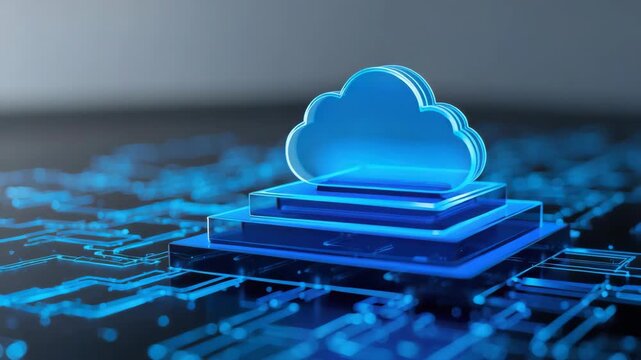 Blue cloud icon layered circuit platform conveying secure data storage and innovation