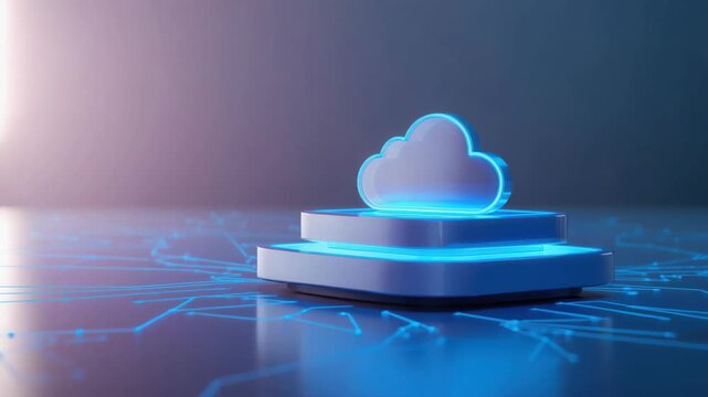 Neon cloud icon layered platform with glowing circuit pattern and illuminated platform glowing