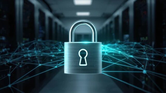 Secure metal padlock glowing over network nodes data center conveying cybersecurity encryption