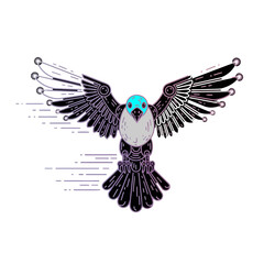 Obraz premium Vector art of a stylized, abstract bird with outstretched wings, featuring intricate mechanical or circuitlike details on its wings and body, with a bright blue head, isolated on a