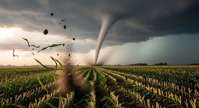 Powerful tornado sweeps across a rural cornfield under dark storm clouds.