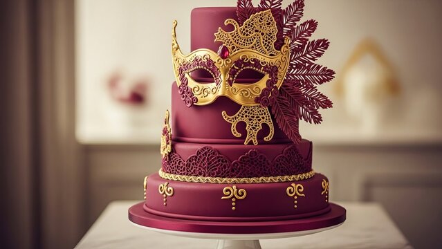 Elegant cake decorated with gold carnival mask