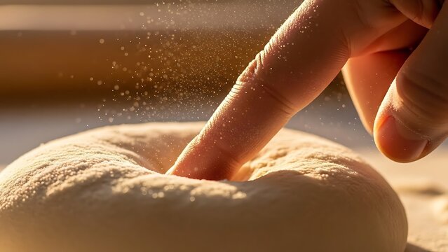 Close-up of a finger pressing into soft, floured dough, creating a gentle indent with warm sunlight.