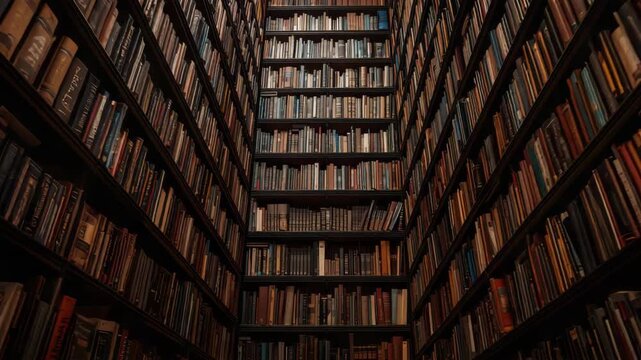 Ancient quiet library aisle with tall wooden shelf and bookshelf of books evoking warm cozy wonder