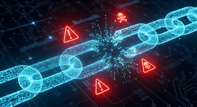 Blockchain Network Hack Concept with Broken Chain and Warning Icons, Cybersecurity Threat Alert, Digital Data Breach Technology Background