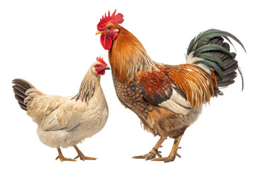 Fototapeta premium Realistic hen and rooster standing together, farm poultry pair, natural posture, detailed feathers, isolated on transparent background, PNG, studio lighting, ultra realistic 