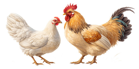 Fototapeta premium Realistic hen and rooster standing together, farm poultry pair, natural posture, detailed feathers, isolated on transparent background, PNG, studio lighting, ultra realistic 