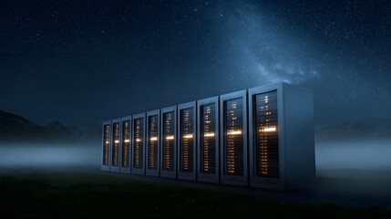 Obraz premium Rows of illuminated server racks stand in a serene misty natural landscape under a vast star filled night sky