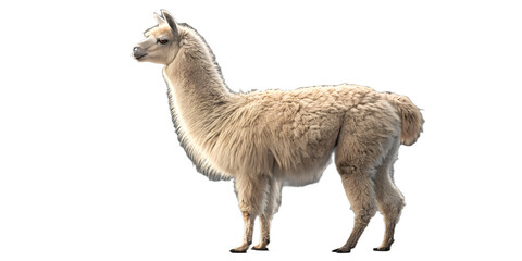 Obraz premium Realistic alpaca standing full body, fluffy farm animal, detailed fur texture, calm pose, isolated on transparent background, PNG, studio lighting, ultra realistic 