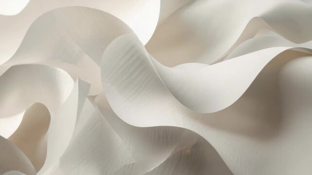 Soft flowing paper ribbons and waves forming abstract sculpture with gentle light, neutral textures