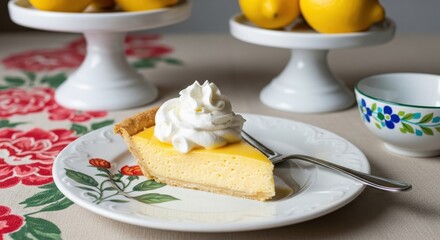 A delicious slice of classic lemon pie topped with fluffy whipped cream on a decorative plate, ready to be savored.