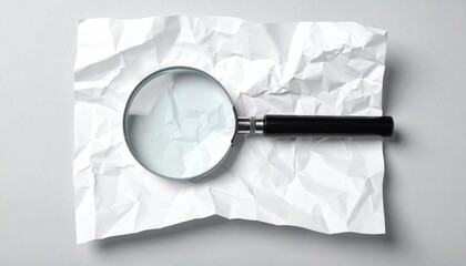 Magnifying glass on crumpled paper over light gray surface, symbolizing scrutiny and close...