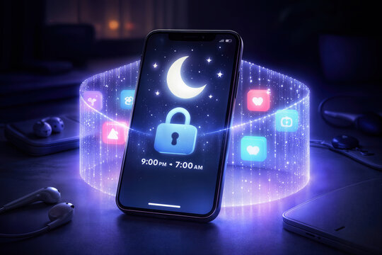 Smartphone digital lockout screen with moon and padlock symbol, 9pm to 7am app usage restriction, glowing binary code fence with social media icons representing screen time control and internet safety