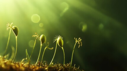 Delicate moss sporophytes illuminated by soft sunlight in a dreamy setting