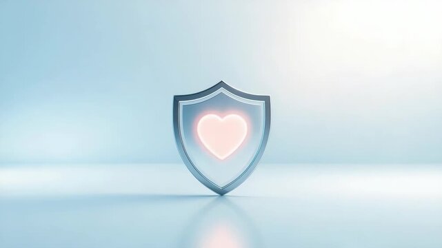 Glossy shield with glowing heart conveying protection and care, reflecting blue surface with soft