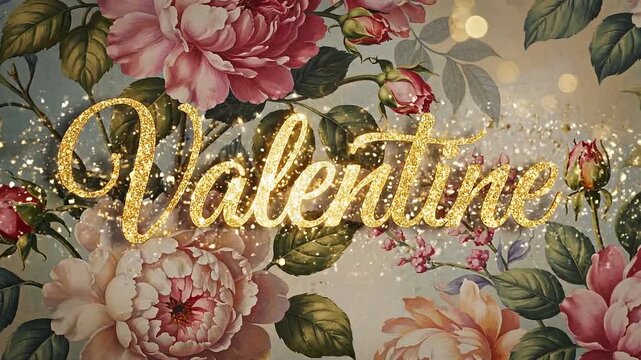 Animated golden valentine script text glitteringly overlays a romantic vintage pink floral background.