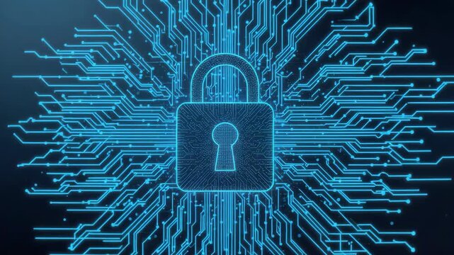 Digital padlock glowing circuit board pattern radiating security data protection for secure network