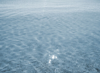 Clean transparent water on shallow sandy seashore with shells with shells on sunny summer day. Sun glare on surface of water. Small waves on sea coast. Nature backdrop. Natural background