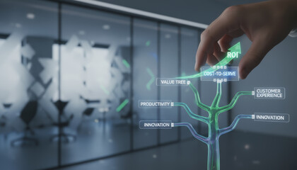 Ai strategy roadmap ai transformation business growth visualization of digital value tree with ROI arrow and innovation branches modern office