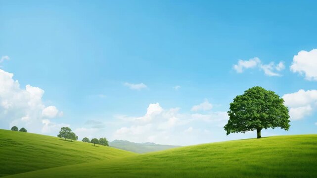 Lone oak tree rolling green meadow blue sky with fluffy clouds, peaceful hill grass meadow sky cloud